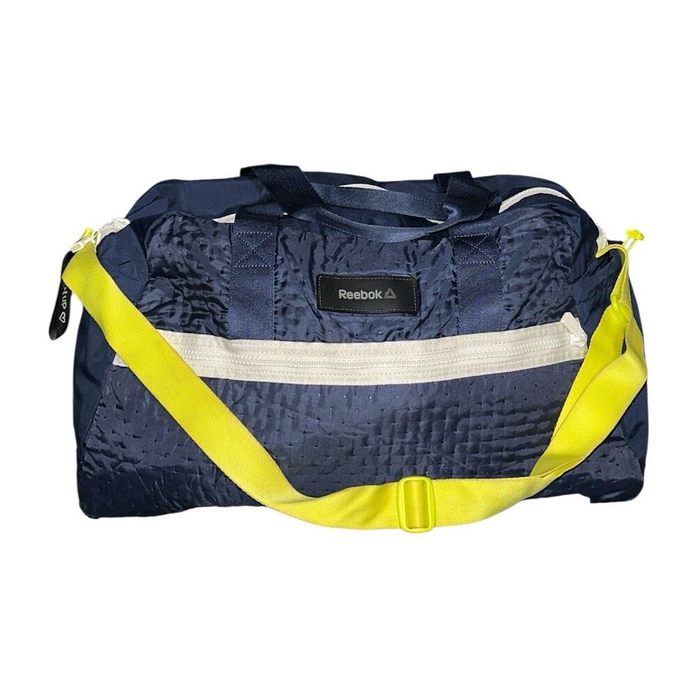 Reebok Navy Duffle Gym Bag Neon Yellow Strap 23” Travel School Sport Tote Pocket